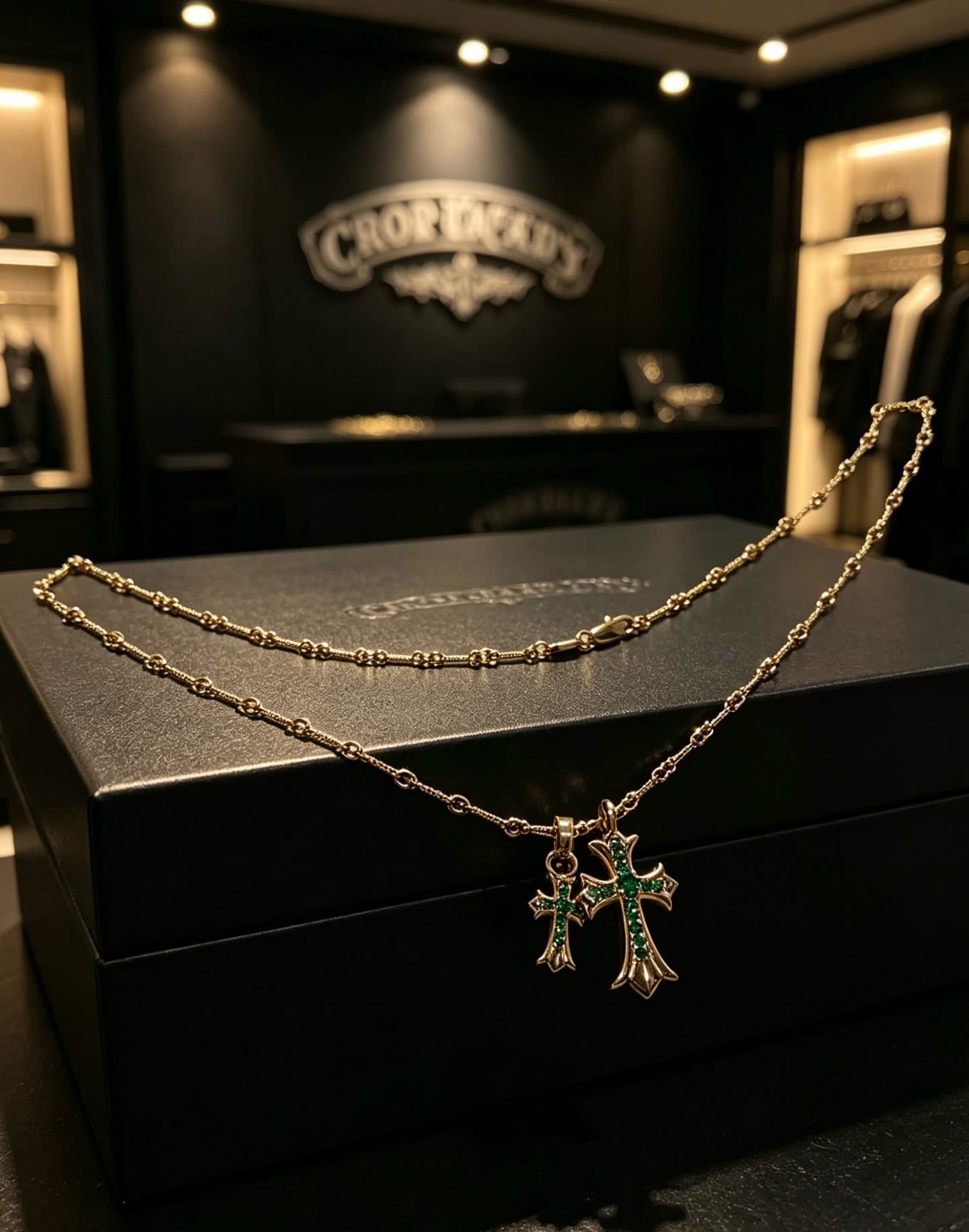 Chrome Hearts Gold Plated Rosary Necklace with Emerald Cross